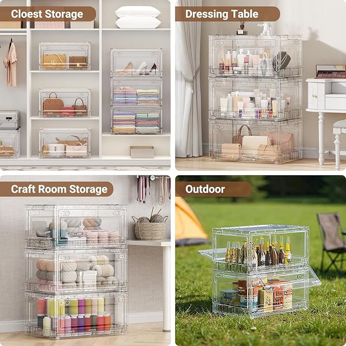 BROVIEW 160Qt Stackable Storage Bins with Lids Wheels, XL Clear Plastic Drawers Foldable Closet Organizers and Storage Cabinet Display Box Shelves with Front & Back Doors, for Home Office Garage,2Pack