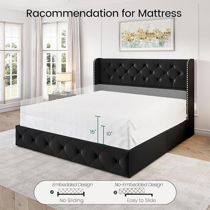 LARMACE Queen Size Bed Frame with 4 Storage Drawers and Wingback Headboard Upholstered Platform Beds Velvet Tufted Bed Frame with Wooden Slats Support, Easy Assembly, Black