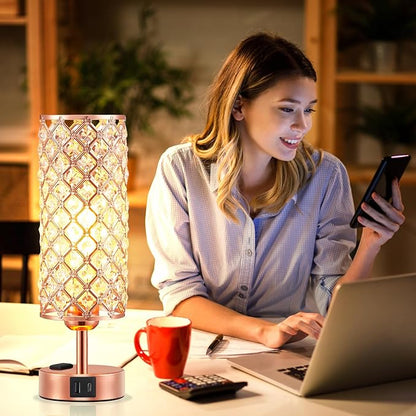 Hong-in Rose Gold Lamp Set of 2, 3-Way Crystal Table Lamp Touch Control with USB-C+A & AC Ports, Dimmable Nightstand Desk Light, Pink Bedside Table Lamp for Bedroom(Bulb Included & Set of 2)