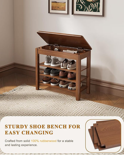 Shoe Rack Bench Seat Rubberwood 3-Tier Wooden Storage Bench 550lbs Compact Mid-Century Modern Design for Entryway, Hallway, Closet, Front Door Entrance, Foyer