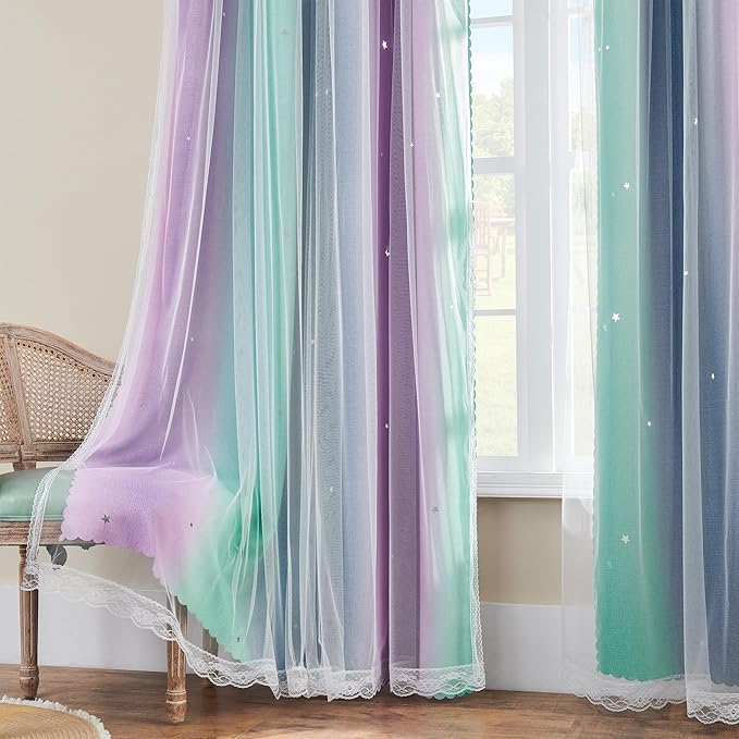 XiDi Curtains for Bedroom Decor, Rainbow Purplgreen grey34/96