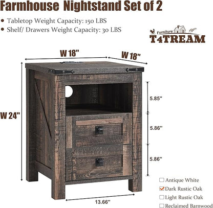 T4TREAM Farmhouse Nightstand Set of 2 with Charging Station, Rustic End Table with 2 Drawers, Storage Open Shelf for Bedroom, Living Room, Wood Side Table, Dark Rustic Oak