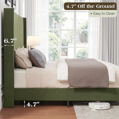 Queen Bed Frame with 63" Tall Headboard, Horizontal Fine Corduroy Bed Frame with Wingback, Upholstered Platform Bed, Vintage Solid Wood Gourd Legs, No Box Spring Needed, Green