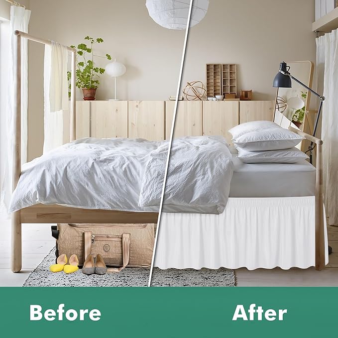 Biscaynebay Wrap Around Bed Skirts with Split Corners for Queen Beds 15" Drop, White Adjustable Elastic Dust Ruffles Easy Fit Wrinkle Resistant Silky Luxurious Fabric Machine Washable