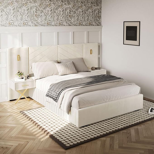DEINPPA Luxury Queen Bed Frame with Built-in Gold LED Lights and Nightstands, Queen Size Platform Bed with Oversize Upholstered Headboard, No Box Spring Needed-Beige