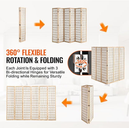 VEVOR Room Divider, 6 Panel Japanese Room Divider, Wood Folding Privacy Screen Indoor, Partition Dividers Portable Decoration Screens, for Room Separation Home Office Restaurant & Bedroom(Natural)