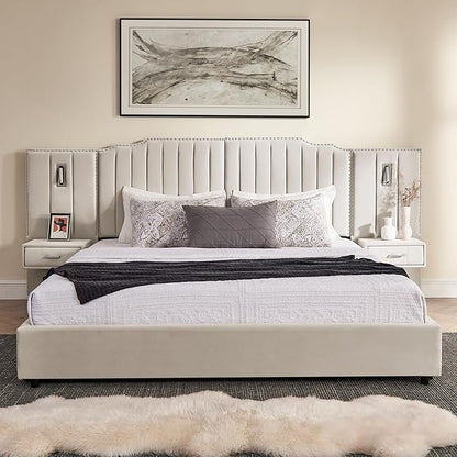 King Size Bed Frame with Storage, Luxury King Platform Bed Frame with Headboard, Velvet Fabric Upholstered Bedframe with LED Lights, Solid Frame & Bedside Table, No Box Spring Needed, Beige