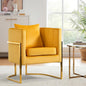 Velvet Modern Accent Chair, Upholstered Barrel Armchair Mid Century with Pillow for Living Room, Comfy Single Vanity Chair with Metal Gold Legs for Bedroom, Yellow