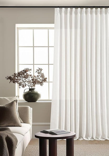 Extra Wide Linen Curtains 102 Inches Long 70 Inch Wide for Living Room Bedroom Light Filtering Beige Off White Pinch Pleated Curtains Hooks Rings Back Tab for Sliding Door 1 Panel 70Wx102L