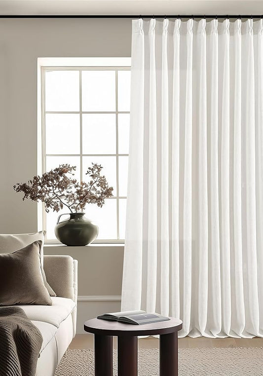 Extra Wide Pinch Pleat Curtains 120 Inches Long for Patio Sliding Glass Door White Linen 70 Inch Wide Curtain Memory Trained Pleated Drapes with Hooks Rings Semi Sheer 70x120 Curtain for Large Window