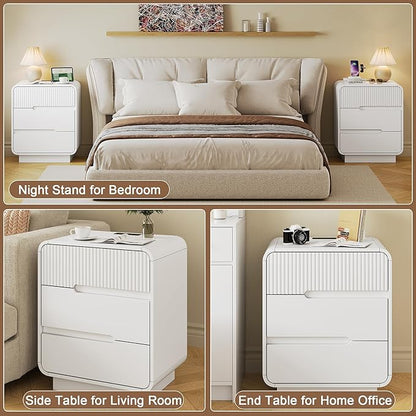 8 Drawer Dresser and 2 Nightstand Sets for Bedroom 3 Pcs Bedroom Set, Modern 39.4" Fluted Dresser with Invisible Handles Nightstand Charging Station, Bedroom Furniture Set for Living Room, White