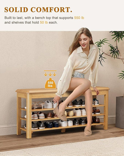 Shoe Rack Bench Seat Rubberwood 3-Tier Wooden Storage Bench 550lbs Compact Mid-Century Modern Design for Entryway, Hallway, Closet, Front Door Entrance, Foyer