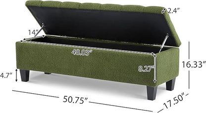 GDFStudio Boucle Storage Ottoman Bench with Button Tufting, 50.75” Upholstered Entryway Bench with Hidden Storage, Soft Close Lid, Rubberwood Legs, Extra Seating for Bedroom, Living Room – Green