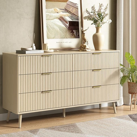 CARPETNAL Fluted 6 Drawer Dresser for Bedroom, 55" Wide Wooden Chest of Drawers with Rounded Corners, Gold Handles, Modern Storage Organizer for Bedroom, Hallway(Beige)
