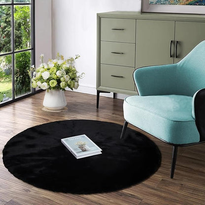 Latepis Fluffy Round Area Rugs 4ft Black Shag Rug Circle Faux Fur Rabbit Rug for Living Room Bedroom Furry Carpet for Nursery Kids Rugs Cute Room Decor