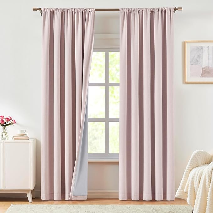 Vision Home Pink Linen Full Blackout Curtains for Bedroom Living Room Darkening Soundproof Window Curtains 63 inch Thermal Insulated Rod Pocket Back Tab Rustic Drapes 2 Panels 56" Wx63 L