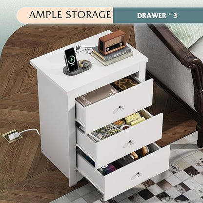 WLIVE White Nightstand with Charging Station, Wood Night Stand with 3 Drawers Storage, Tall Bedside Table End Side Tables with 2 USB Ports and Outlets for Bedroom, Closet, White