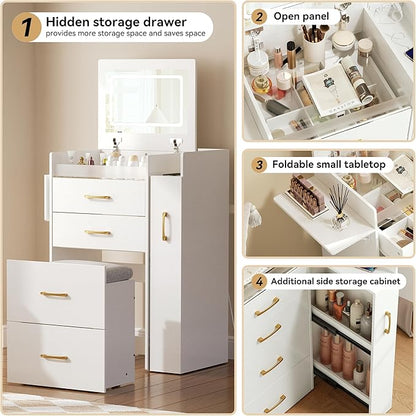 3 in 1 Vanity Desk with Flip Top Mirror, LED Lights, Side Cabinet,Collapsible Desk Panel, Hidden Stool with Storage, Small Makeup Vanity Table with Power Outlets, Compact Vanity, White PT01DTW