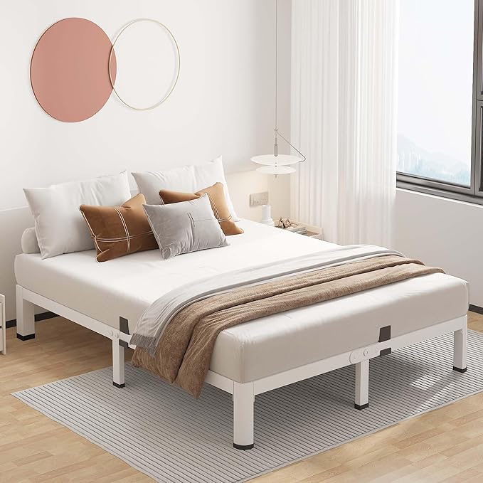 ROIL 7 Inch White Queen Bed Frame with Rounded Corner and Mattress Retainers, 3500LBS Heavy Duty Steel Slats No Box Spring Needed Platform Noise-Free Easy Assembly