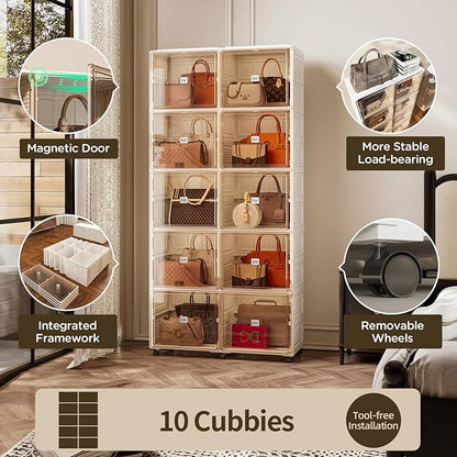 10 Cubbies Handbag Storage Organizer for Closet, Purse Organizer Cabinet with Magnetic Doors & Wheels, Foldable One-Piece Transparent Storage Box for Bags, Boots, Clothes, Toys, Books
