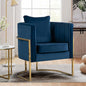 Velvet Modern Accent Chair, Upholstered Barrel Armchair Mid Century with Pillow for Living Room, Comfy Single Vanity Chair with Metal Gold Legs for Bedroom, Blue