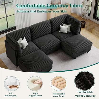 Modular Sectional Sofa with Adjustable Backrest,Large Convertible L/U-Shaped Sleeper Couch for Living Room,Cloud Sofa Bed Modern Reversible Design,Black