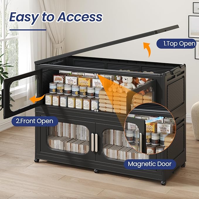 250 Gallon Extra Large Storage Bin with Lid and Wheels, Stackable Collapsible Plastic Storage Box with Door, Foldable Organizer for Closet, Kitchen, Office, Living Room, 5 Pack Black