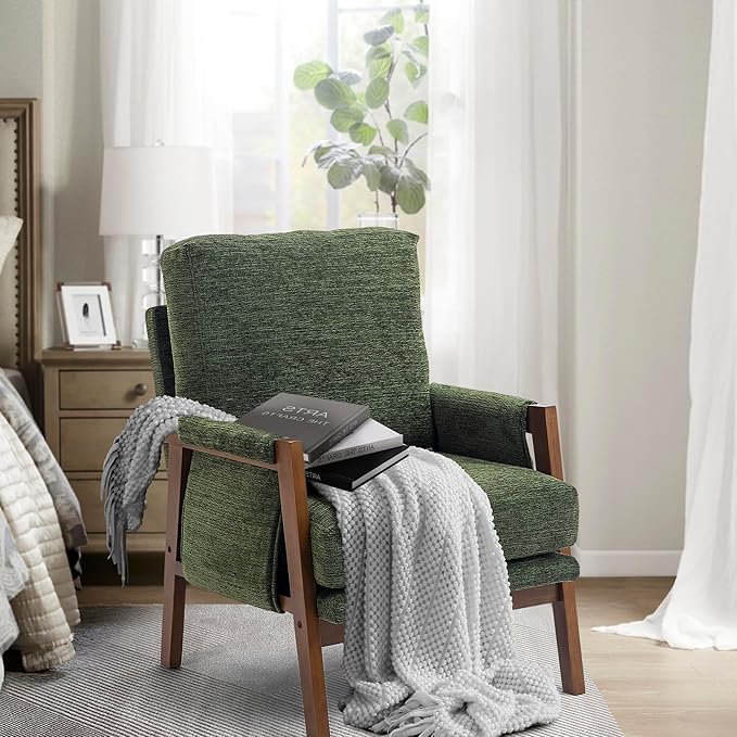 Green Accent Chair for Bedroom & Living Room, Mid Century Modern Accent Arm Chair, Upholstered Anthropologie Accent Chair with Solid Wood Frame, Fabric