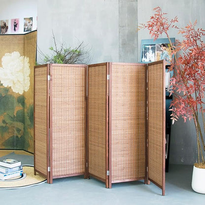5 Panel Short Room Divider Screen,Brown Freestanding Partition,Small Bamboo Panel Divider for Room Seperation,3.95 FT Tall