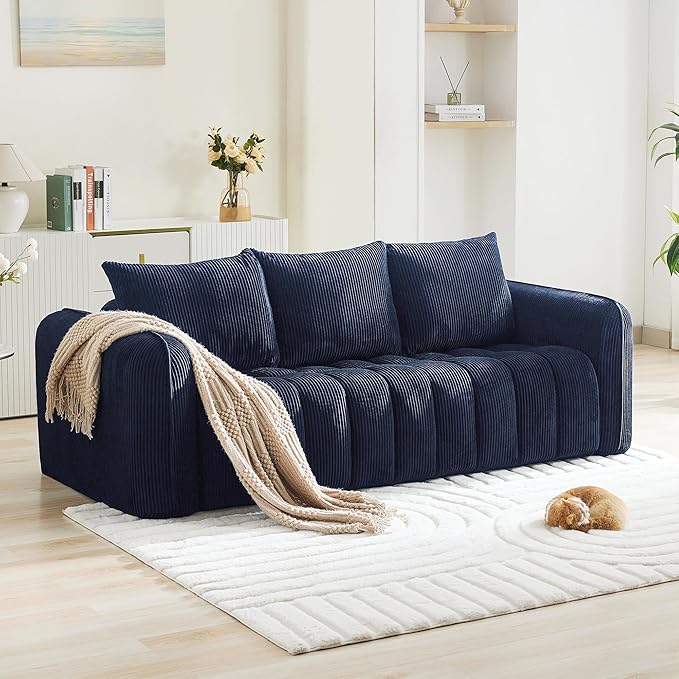83'' Boneless Corduroy Sofa, Oversized 3 Seater Deep Seat Couch with Rounded Armrest, Modern Upholstered Cloud Sofa for Living Room, No Assembly, Navy