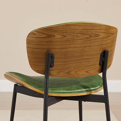 Art Leon Faux Leather Dining Chairs - Set of 2 Mid Century Modern Desk Chair No Wheels, Armless Accent Chair with Black Metal Legs, Green/Walnut