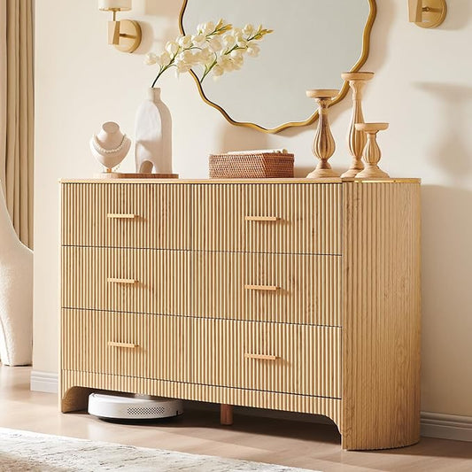 Fluted 6 Drawer Dresser for Bedroom with Curved Profile Design, 53.9 Inch Wide Chest of Drawers, Smooth Glide Storage Cabinet for Living Room, Natural Oak