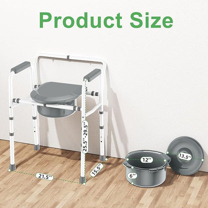 ZOLIQUEX 3 in 1 Bedside Commodes Chair for Seniors with Arms, Portable Width 21.5'' Steel Potty Chair for Elderly Adults with 5 Adjustable Height, Supports Up To 350lb, 6QT Bucket, Tool-Free Assembly