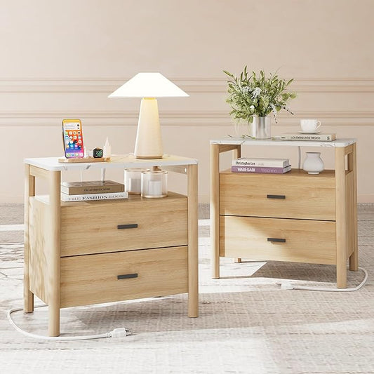 FavourLife Night Stand Set 2, 23" Nightstands Set of 2, Modern Nightstand with Charging Station & Faux Marble Top, 2 Drawer End Table with Solid Round Post Legs, Bedside Table for Bedroom, Natural Oak
