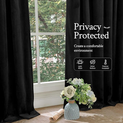 LAMIT Velvet Blackout Curtains 108 Inch for Bedroom, Black Thermal Room Darkening Panels for Movie Theater Living Room Back Tab and Rod Pocket Privacy Protected Drapes, 2 Panels, 52 x 108 Inch