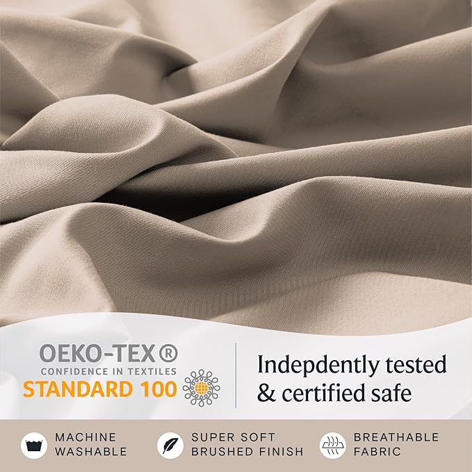 LuxClub 4 PC King Sheet Set, Deep Pockets Wrinkle Free Cooling Bed Sheets Hotel Bedding for Women, Men, Includes 1 Fitted Sheet, 1 Flat Sheet and 2 Pillowcases-Silky Soft Light Khaki