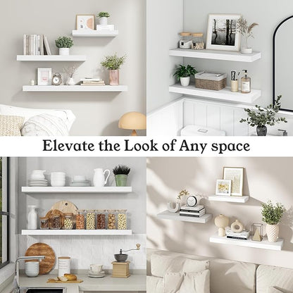 Floating Shelves for Wall, 9.3" Deep Wall Mounted Wood Shelves for Bathroom, Bedroom, Living Room, Kitchen, Hanging Shelf for Books/Storage/Room Decor (White, 48")