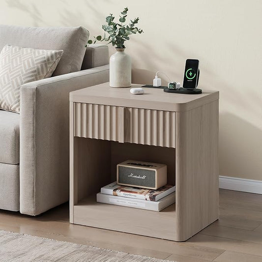 Fluted Nightstand with Charging Station, 23.6" End Table with Solid Wood Handle,Night Stand with Curved Profile Design, Mid Century Moden Bedside Table for Bedroom, Living Room, White Alder