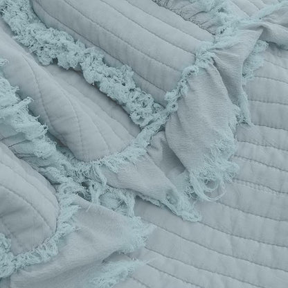 Ultra Soft Pre-Washed Quilted Boho Blue Green King Size Blankets for Bed, Ruffle Fringed Decorative Throw, Stone Washed Chic Rustic Blanket for Sofa Couch Bed, 104"*90"
