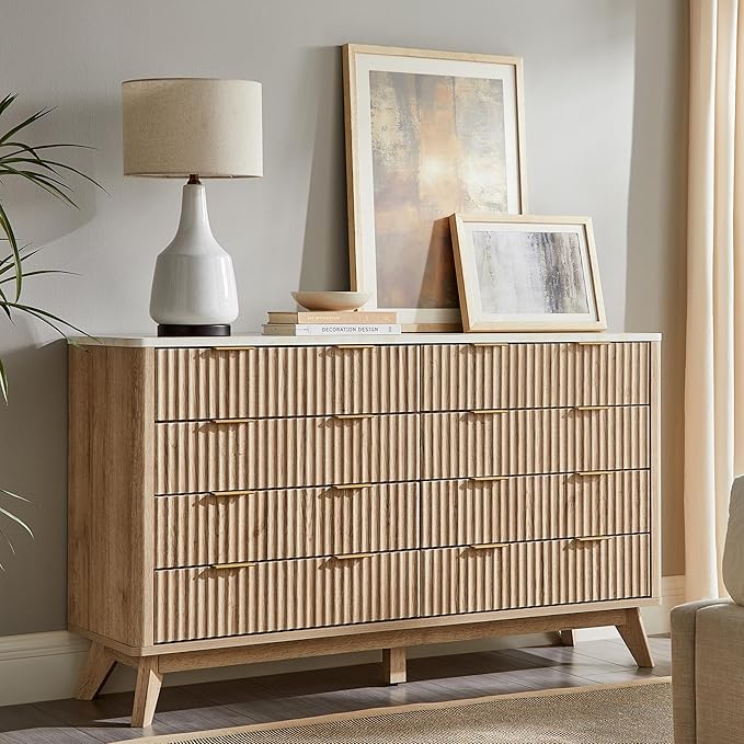 T4TREAM Fluted 8 Drawers Dresser, 54" Wide Modern Chest of Drawers with Faux Marble Top, Curved Profile Design, Dresser TV Stand, Wood Drawer Organizer for Bedroom, Living Room, Hallway, Natural Oak