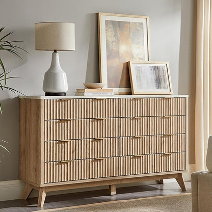 T4TREAM Fluted 8 Drawers Dresser, 54" Wide Modern Chest of Drawers with Faux Marble Top, Curved Profile Design, Dresser TV Stand, Wood Drawer Organizer for Bedroom, Living Room, Hallway, Natural Oak