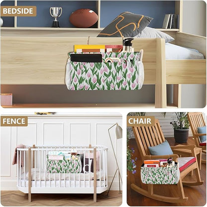 Bedside Caddy Hanging Bunk Bed Caddy Bed Organizer Hanging Pocket with 2 Hooks Bedside Storage Organizer Pocket Bag Holder Small Tulips Pink