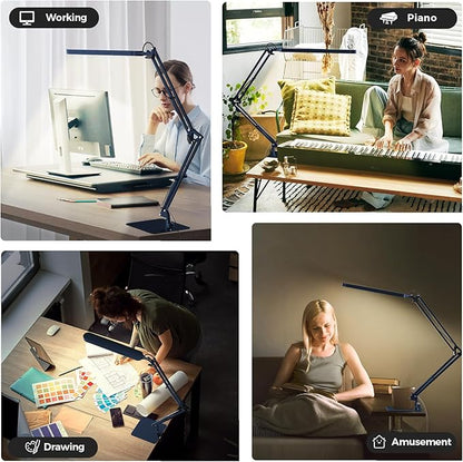 SKYLEO LED Desk Lamp with Slim Base - Adjustable Swing Arm Desk Light, Dimmable, Timer, Eye Protection, Memory Function, 1300LM, 12W, Blue