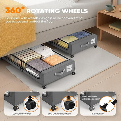 Camkey® Under Bed Storage with 360° Wheels, 2-Pack, 60L Low-Profile Rolling Underbed Bins for Clothes, Shoes, Toys & Books — Easy Pull-Out, Dust Protection, Space-Saving Organizer for Bedroom/Dorm