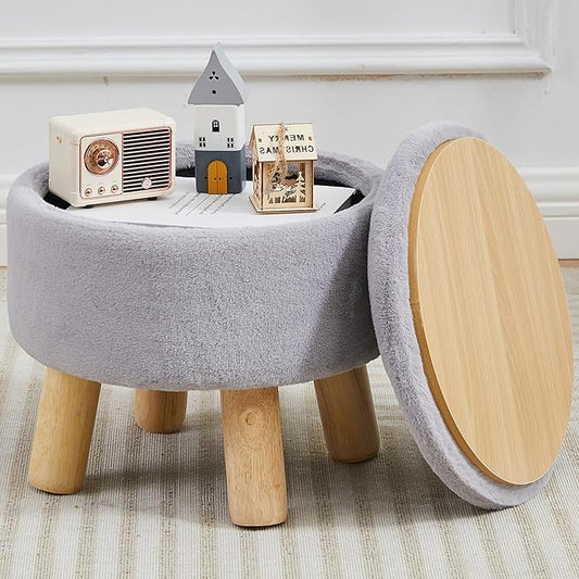 FIMIVIBI Small Foot Stool Ottoman with Storage, Soft Faux Fur Ottoman Foot Rest for Couch, Round Footstool with Storage, Small Ottomans and Footstools for Living Room and Entryway (Gray)