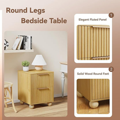 Fluted Nightstand Set of 2, Natural Oak Finish Bedside Table with Spacious Storage Drawers, Night Stand with Solid Wood Round Legs for Bedroom, End Table, Side Table