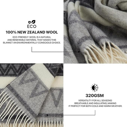 | Wool Blanket/Throw | 100% New Zealand Wool | Perfect for Home and Outdoors | Virgin Wool Throw with Fringes 67"x79" (170 x 200 cm)