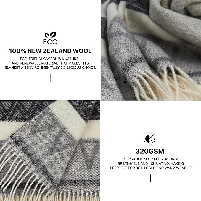 | Wool Blanket/Throw | 100% New Zealand Wool | Perfect for Home and Outdoors | Virgin Wool Throw with Fringes 75"x87" (190 x 220 cm)