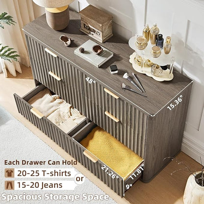 LEYAOYAO Fluted Dressers & Nightstand Set of 4, Wood 48" Wide Dresser & 42" Tall Chest of Drawers,Modern Bedroom Furniture Sets, Grey Wooden Nightstand Set of 2 with 3 Drawers & Charging Station
