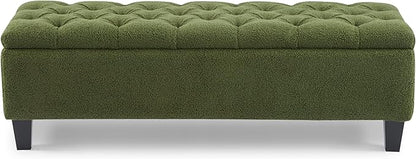 GDFStudio Boucle Storage Ottoman Bench with Button Tufting, 50.75” Upholstered Entryway Bench with Hidden Storage, Soft Close Lid, Rubberwood Legs, Extra Seating for Bedroom, Living Room – Green